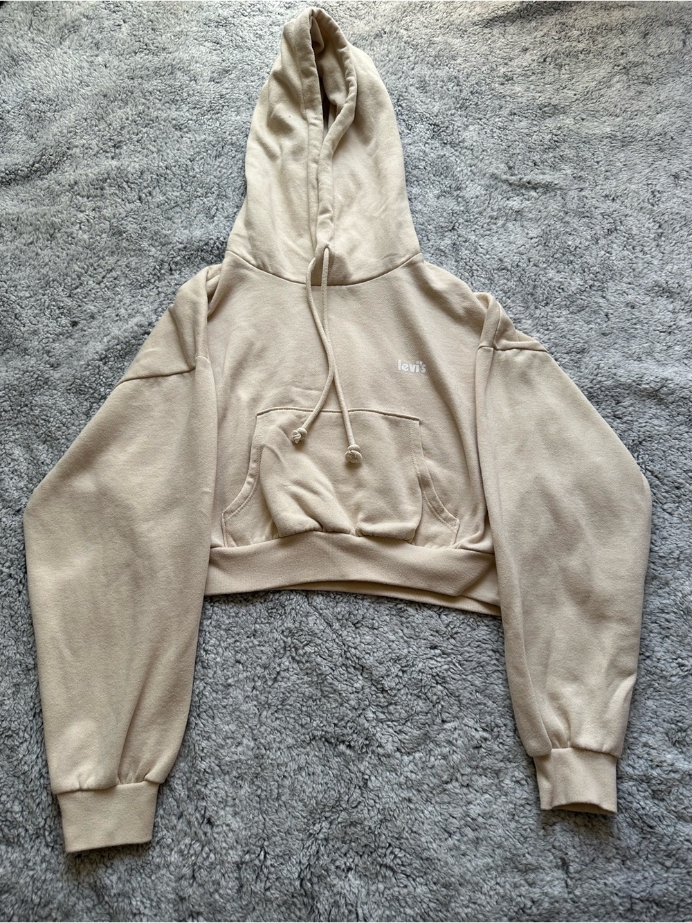 Levi's Cropped Hoodie Beige Cream Tan Pullover Sweatshirt Embroidered Mini Logo